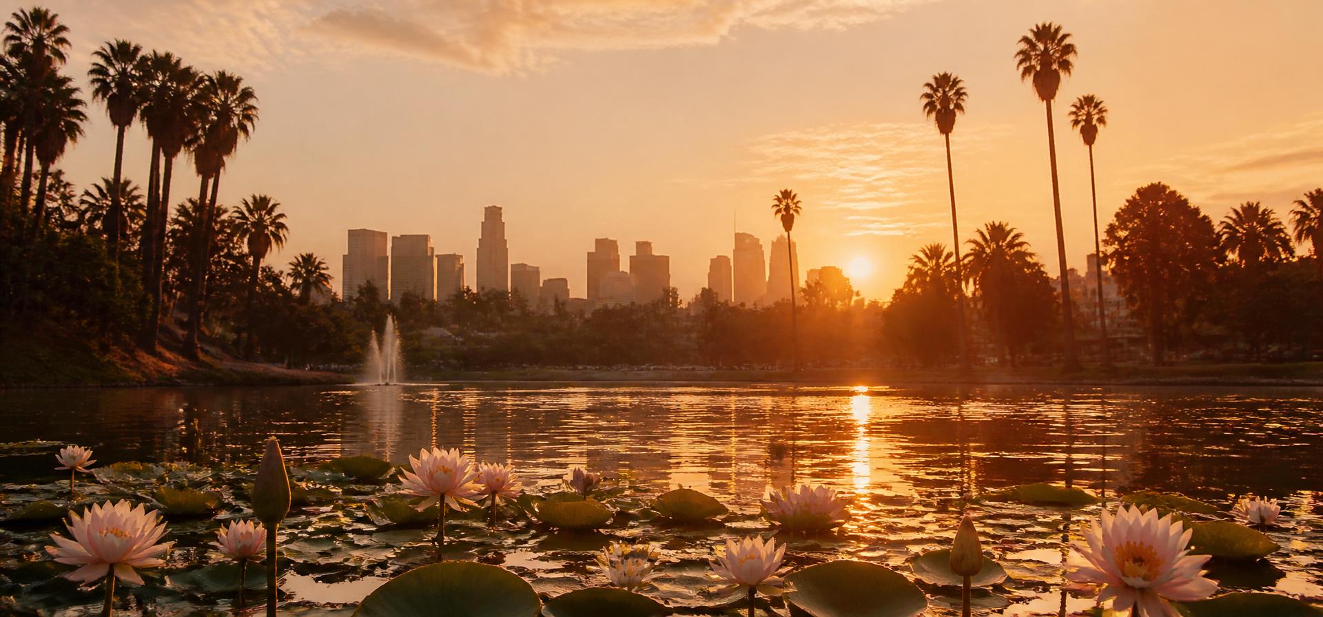 Sunset over Echo Park Lake with lotus blooms, palm trees, and the downtown LA skyline
